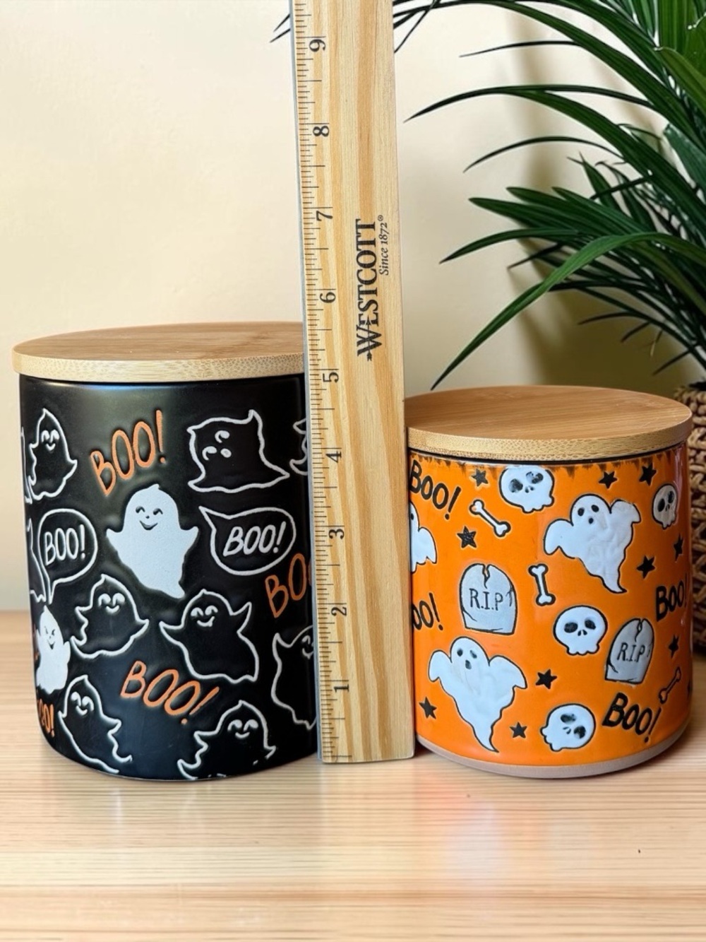 Eli + Ana Halloween Ghost Ceramic Canister Set of 2 with Bamboo Lids - Picture 4 of 10
